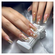 Fingernägel Lang Square Weiß French 3D Floral Gold Pearl AKB 1 St