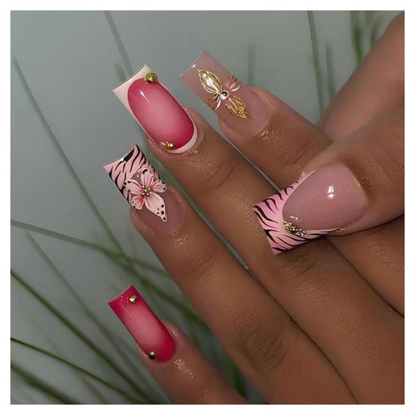 Künstliche Fingernägel Lang Square Rosa Leopard 3D Blumen BL 1 St