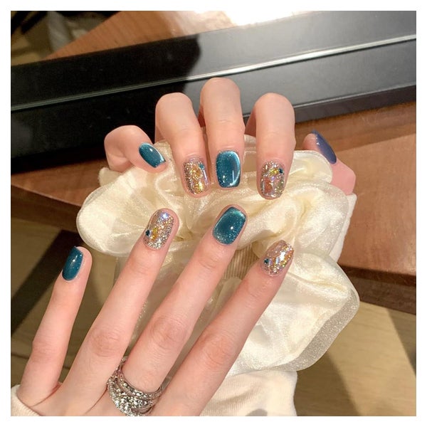 Künstliche Fingernägel 30 Kurz Blau Glitzer Nagelkleber CA-B 1 St