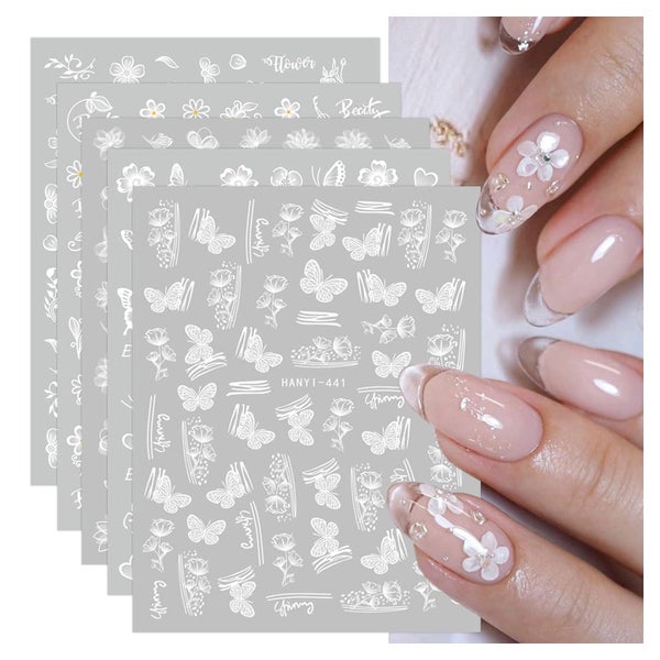 Nagelsticker Weiß Blumen Schmetterling 12 Blatt selbstkleben 1 St