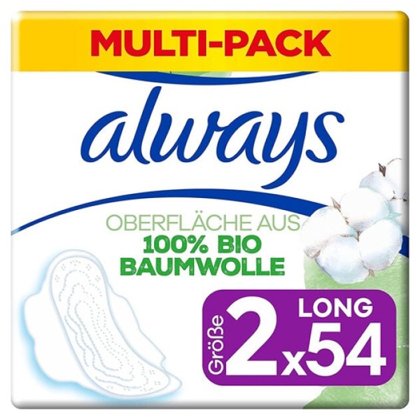 Always Ultra Binden Damen Gr. 2, Long, 54 Damenbinden mit Flügeln (3 x 18 Stück), Monatspaket, Organic Cotton Protection, sicherer Schutz und Oberfläche 100% Bio-Baumwolle 1 St