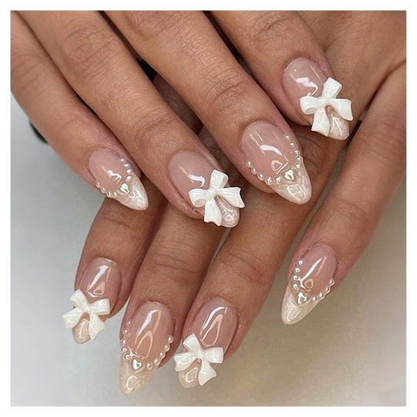 Künstliche Nägel Kurz Almond 3D Schleife Perle Nude Y2K desi 1 St