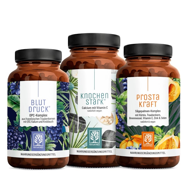 Starke Jahre Paket: OPC, Vitamin E & C, Coenzym Q10, Kürbiskern, Sägepalme & Zink in einem veganen Bundle - PROSTAKRAFT, KNOCHENSTARK & BLUTDRUCK - NATURTREU®  g