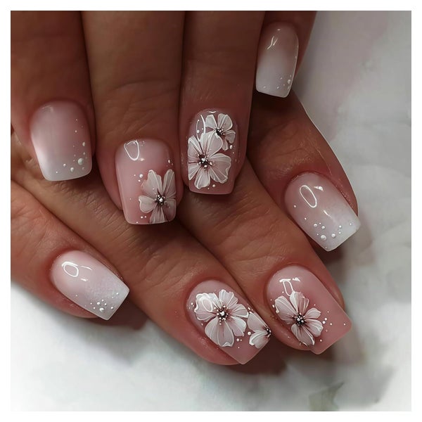 Press on Nägel 24 kurz quadratisch mit weißen Blumen DIY Far 1 St
