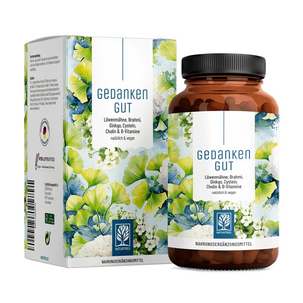Löwenmähne, Brahmi, Ginkgo Biloba, L-Cystein, Cholin & B-Vitamine -  GEDANKENGUT - 120 vegane Kapseln - NATURTREU® 120 St