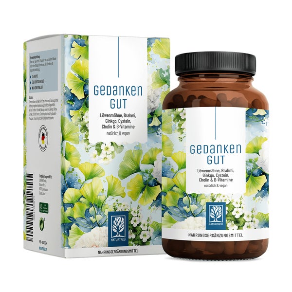 Löwenmähne, Brahmi, Ginkgo Biloba, L-Cystein, Cholin & B-Vitamine -  GEDANKENGUT - 120 vegane Kapseln - NATURTREU® 120 St