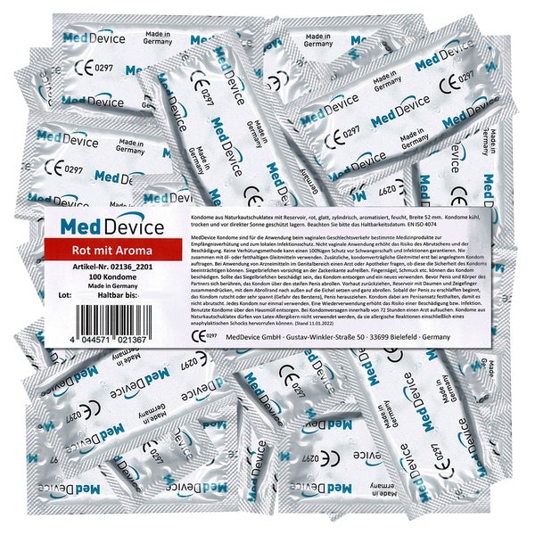 «Rot mit Aroma» Kondome, 52 mm, Silikonöl, Erdbeerduft 100er (100 Kondome)