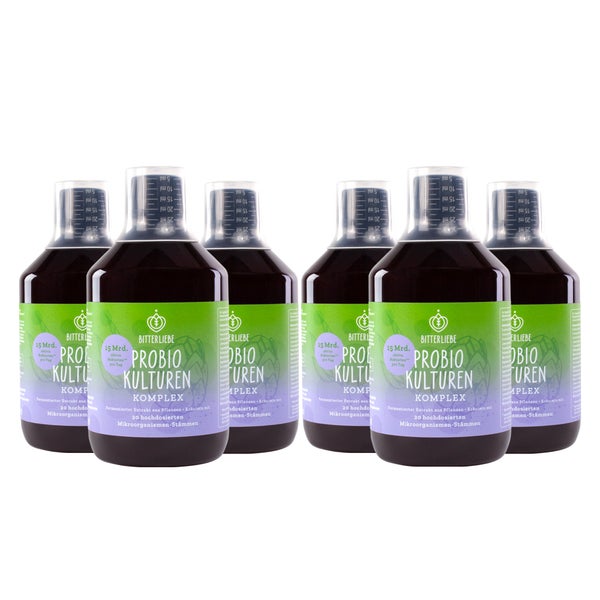BitterLiebe Probiotika Kulturen Komplex mit Bitterstoffen - flüssige Darmbakterien - magensaftresistentes Probiotika mit 20 Bakterienstämmen -hochdosiert über 15 Milliarden Bakterien 6x 500 ml