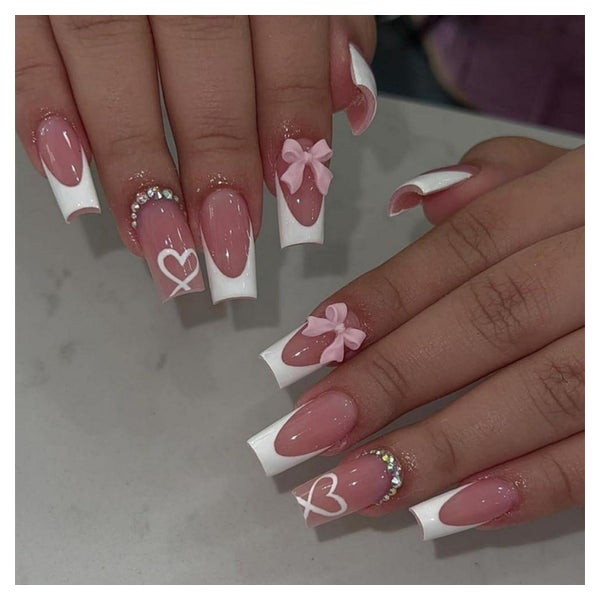Kunstnägel 24 Stück Weiß Pink Sarg French Herz 18white&amp;b 1 St