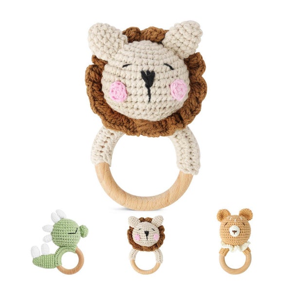 Babyrassel Holz Beißring gehäkelte Tiere Zahnring 1 St