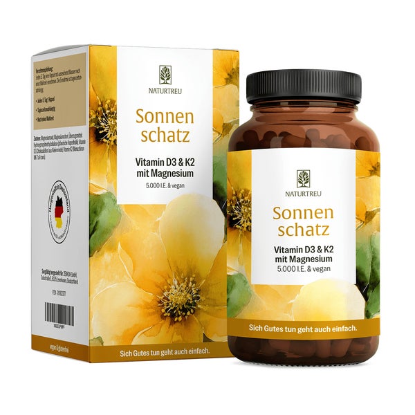 Vitamin D3 & K2 und Magnesium 5.000 I.E. Depot für 5 Tage - SONNENSCHATZ - 90 vegane Kapseln - NATURTREU® 90 St