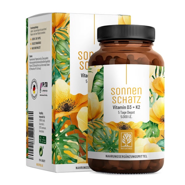 Vitamin D3 & K2 und Magnesium 5.000 I.E. Depot für 5 Tage - SONNENSCHATZ - 90 vegane Kapseln - NATURTREU® 90 St