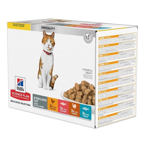 HILL'S Science Plan Feline Young Adult Sterilised Cat Multipack mit Huhn, mit Forelle, mit Thunfisch, mit Lachs 12x85 g 1,02 kg