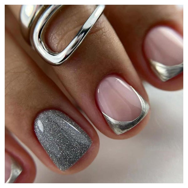 24 Stück French Nails Silber Rosa Glänzend Eckig Kurz Acryl 1 St