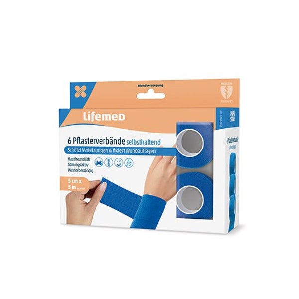 Lifemed Pflasterverbände selbsthaftend 5 m x 5 cm blau 6er Pack, 1 x 6 Stück 30 m