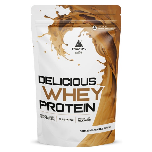 PEAK Delicious Whey Protein - 900g - Geschmack Cookie Milkshake I 30 Portionen I Pulver I Proteinquelle: Molkenprotein Konzentrat + Isolat I ohne Zuckerzusatz I mit Verdauungsenzym Laktase