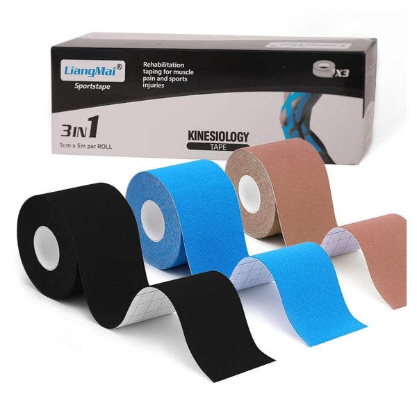 LiangMai Kinesiotape Set (3 Rollen, 5x5m) - Schwarz, Blau, Beige - Wasserfest &