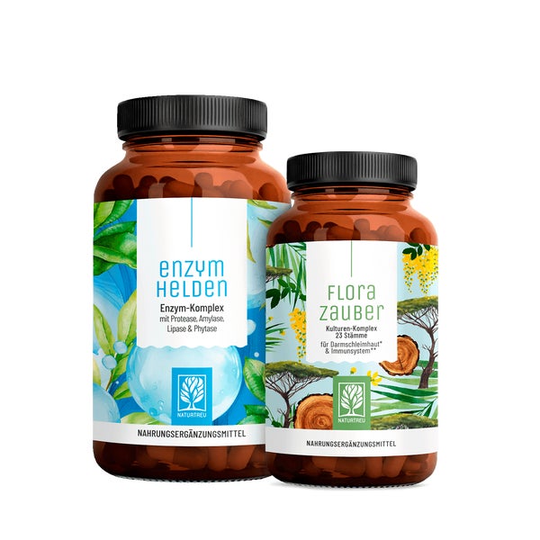 Flora Enzym Paket: Protease, Amylase, Lipase + Phytase und Bakterienkulturen für den Darm in einem veganen Bundle - ENZYMHELDEN & FLORAZAUBER - NATURTREU® 85.9 g