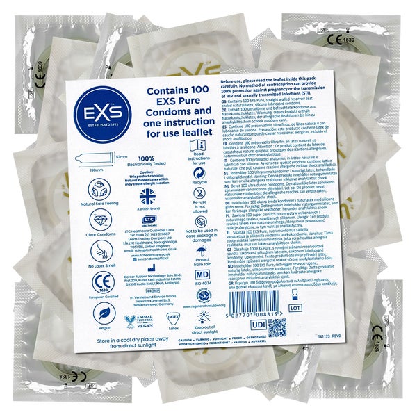 «Pure» Vorratsbeutel – 100 dünne, vegane Latexkondome (100 Kondome) 100 St