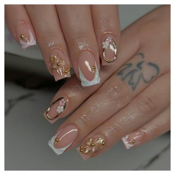 Kunstnägel Square Weiß French 3D Blumen Gold FB23 1 St