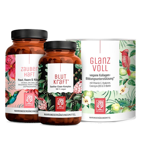 Glanz und Balance Paket: Beauty Vitamine, Eisen & Kollagen Bildungsunterstützung in einem veganen Bundle - ZAUBERHAFT, BLUTKRAFT & GLANZVOLL - NATURTREU®  g