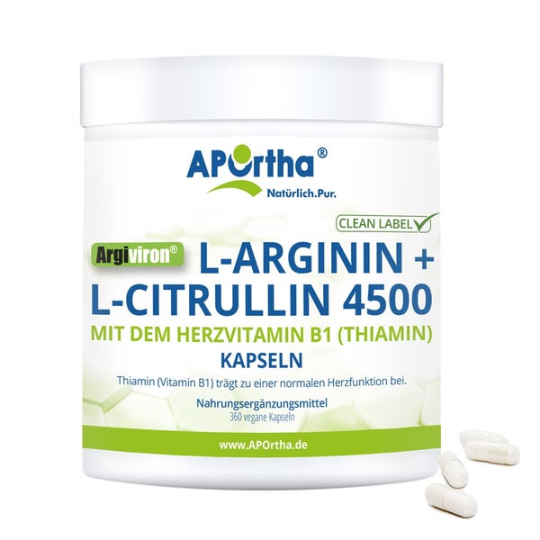 APOrtha® Argiviron® L-Arginin + L-Citrullin 4500 + Vitamin B1 - vegane Kapseln 360 St