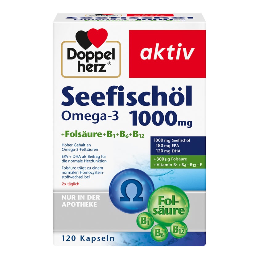 Doppelherz aktiv Seefischöl Omega-3 1.000 mg + Folsäure + B1 + B6 + B12 120 St