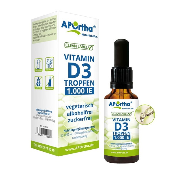 APOrtha® Vitamin D3 1.000 IE pro Tropfen - Cholecalciferol - vegetarische Tropfen 50 ml