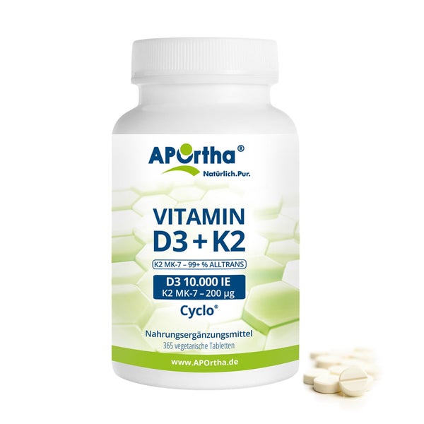 APOrtha® Vitamin D3 10.000 IE + Natto Vitamin K2 MK-7 Cyclo® 200 µg - vegetarische Tabletten 365 St