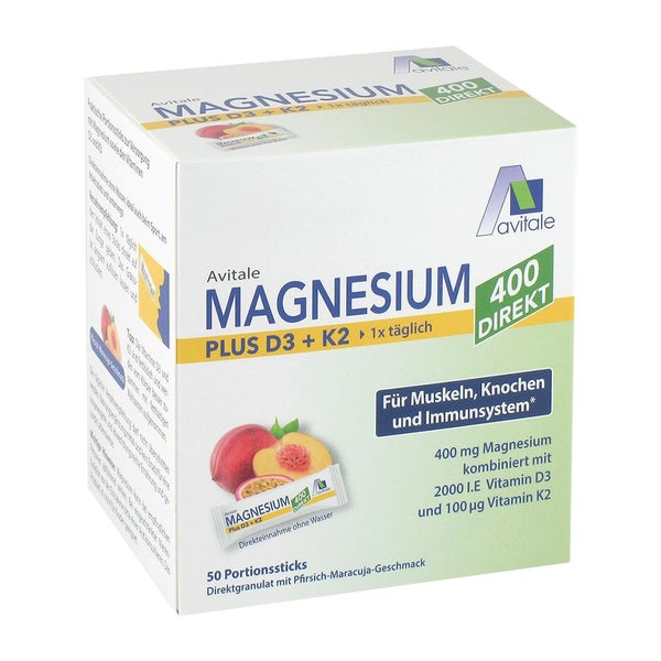 Magnesium 400 plus D3+K2 direkt Pfirsich-Maracuja 50X2,5 g