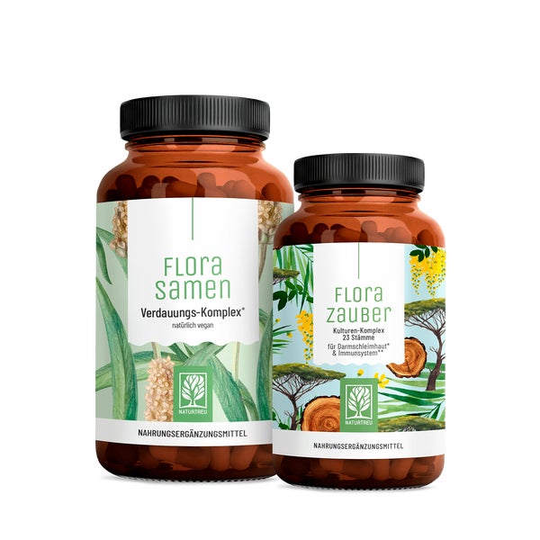 Flora-Kur-Paket: Flohsamenschalen & Bakterienkulturen für den Darm in einem veganen Bundle -  FLOARASAMEN & FLORAZAUBER - NATURTREU® 120.3 g