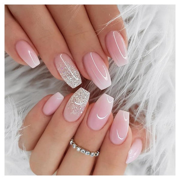 Nagelspitze 24er Press-On selbstklebend Pink Glitzer Quadrat 1 St