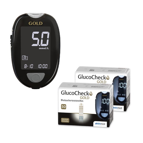 GlucoCheck GOLD Set (mmol/L) zur Kontrolle des Blutzuckers mit 110 Teststreifen 1 St