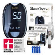 GlucoCheck GOLD Set (mmol/L) zur Kontrolle des Blutzuckers mit 110 Teststreifen 1 St