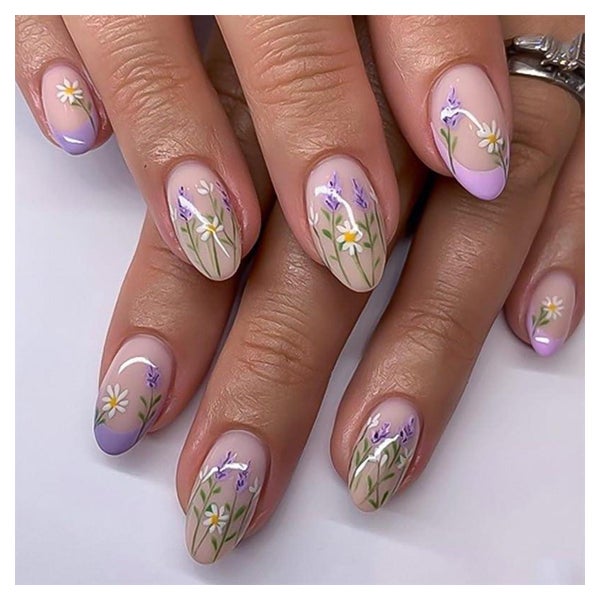Künstliche Fingernägel Kurz Mandelform lila French Blumen mi 1 St