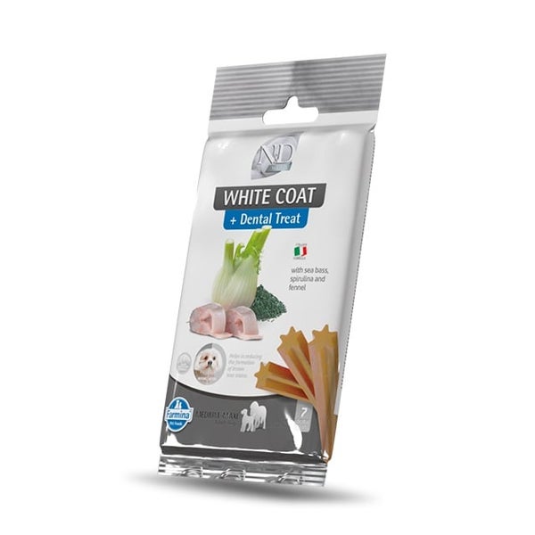 FARMINA N&D White Dental Treat Coat Sea bass Medium/Maxi (7 szt) dentale Leckerlis für mittelgroße und große Hunde 0,1 kg