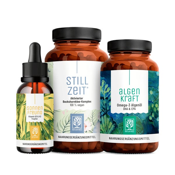 Stillkraft-Paket: Vitamin D3 + K2 (2.000 I.E.) , Omega 3 & Bockshornklee in einem veganen Bundle - SONNENFREUND, STILLZEIT & ALGENKRAFT - NATURTREU® 137.3 g