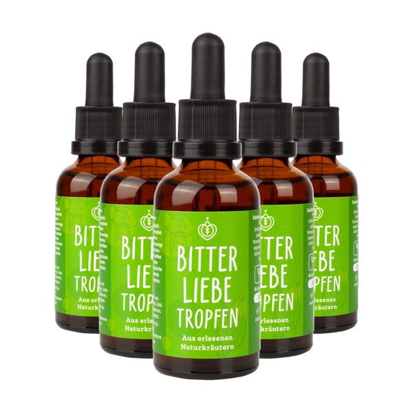 BitterLiebe Bittertropfen - Bitterstoffe Tropfen mit hochwertigen Löwenzahn und Bitterkräuter - Bittertropfen nach Hildegard von Bingen - Bitter Liebe - Vegan und Made in Germany 5x 50 ml