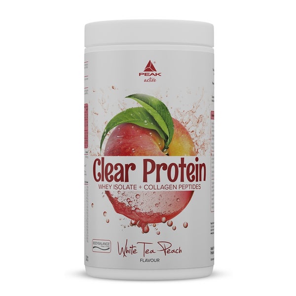 PEAK Clear Protein - 450g - Geschmack White Tea Peach I 15 Portionen I klares Whey Protein Isolat + bioaktive Kollagenpeptide I BODYBALANCE I fruchtiger, erfrischender Geschmack I zuckerfrei 450 g