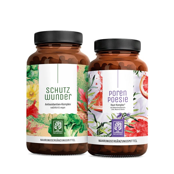 Hautzauber Paket: Antioxidantien, NAC, L-Glutation, Astaxanthin, Brokkoli &Akazienfaser, 6 Bakterienstämmen (200 Mrd. KbE/g), Grapefruit, Rosmarin, Zink, Biotin & Niacin in einem veganen Bundle - SCHUTZWUNDER & PORENPOESIE - NATURTREU®  g