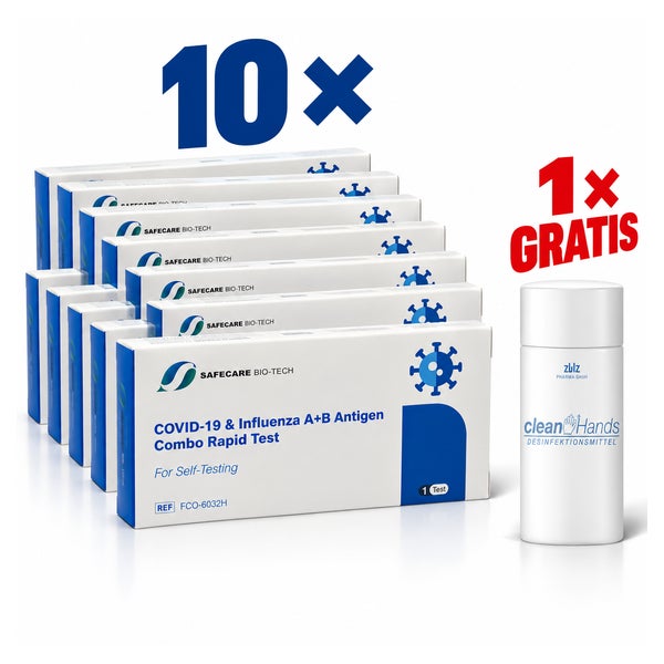 10 x Safecare 3in1 Kombitest - Covid19 + Influenza A + B & Gratis ZWZ Desinfektionsmittel 10 St