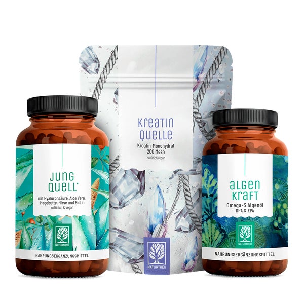 Longevity Paket: Hyaluronsäure, Aloe Vera + Biotin, Kreatin & veganes Omega 3 in einem veganen Bundle - JUNGQUELL, KREATINQUELLE & ALGENKRAFT - NATURTREU® 614.0 g