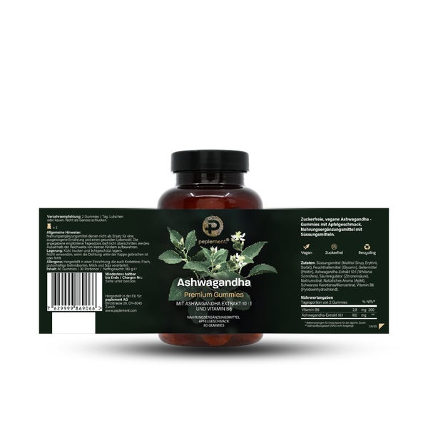 Ashwagandha Gummies mit Vitamin B6 – Vegan & Zuckerfrei, leckerer Apfelgeschmack 60 St