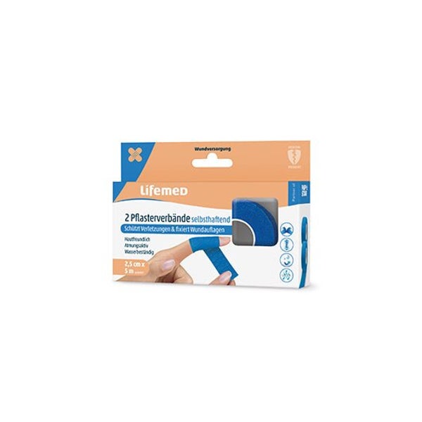 Lifemed Pflasterverbände selbsthaftend 5 m x 2,5 cm blau 2er Pack, 1 x 2 Stück 10 m