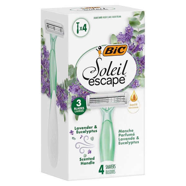 BIC Soleil Escape 3-Klingen-Einweg-Rasierer für Damen mit Lavendel & Eukalyptus, Feuchtigkeitsstreifen mit Mandelöl – 4er Box 4 St
