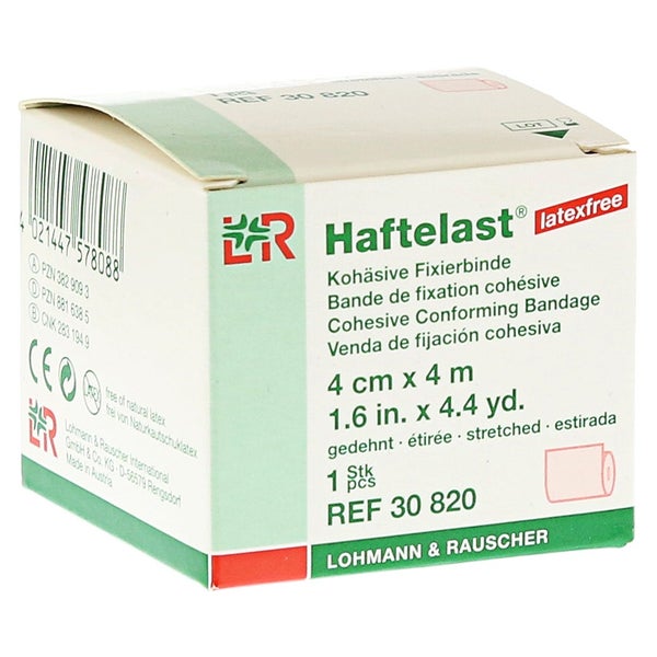 Lohmann & Rauscher Haftelast Fixierbinde, latexfrei, cremefarben, selbsthaftend - 1 Stück, einzeln in Faltschachtel, Maße: 4 cm x 4 m 1 St