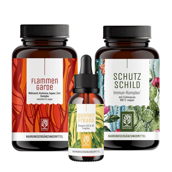Immunsystem-Paket: Kurkuma + Weihrauch, Vitamin D3 + K2, Echinacea + Vitamin C in einem veganen Bundle - FLAMMENGARDE, SONNENFREUND & SCHUTZSCHILD - NATURTREU® 145.1 g