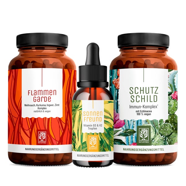 Immunsystem-Paket: Kurkuma + Weihrauch, Vitamin D3 + K2, Echinacea + Vitamin C in einem veganen Bundle - FLAMMENGARDE, SONNENFREUND & SCHUTZSCHILD - NATURTREU®  g