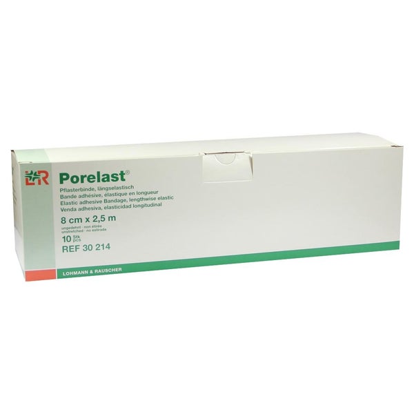Lohmann & Rauscher Porelast Pflasterbinde, cremefarben, elastisch und atmungsaktiv - 1 Packung = 10 Stück, lose im Karton, Maße: 8 cm x 2,5 m 10 St