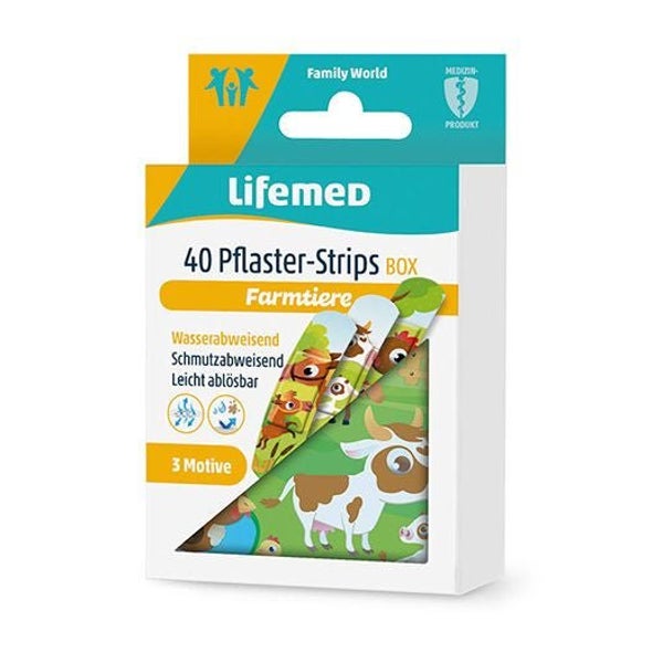 Lifemed Pflaster-Strips Box 6 cm x 1,7 cm farbig "Farmtiere", 1 Pack 40 St